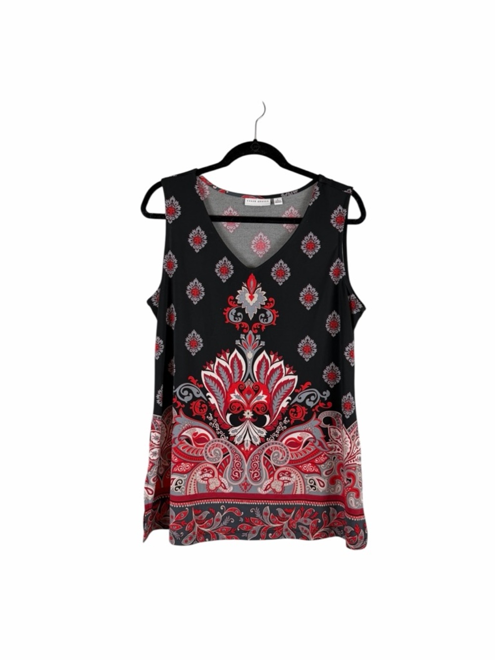 Susan Graver Black Red Paisley Sleeveless Tunic Top Size L